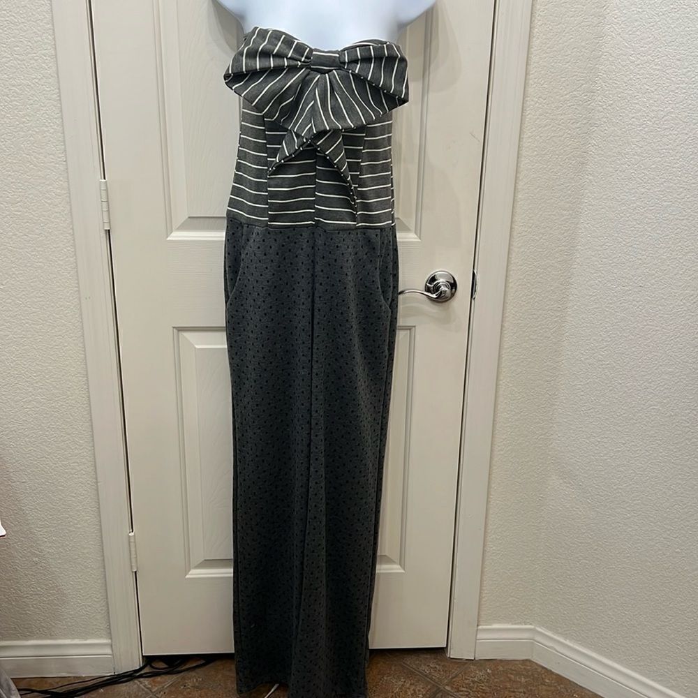 Kala Jumpsuit Striped Polka Dot Pants Strapless Bow Front Wide ZLegs Pockets